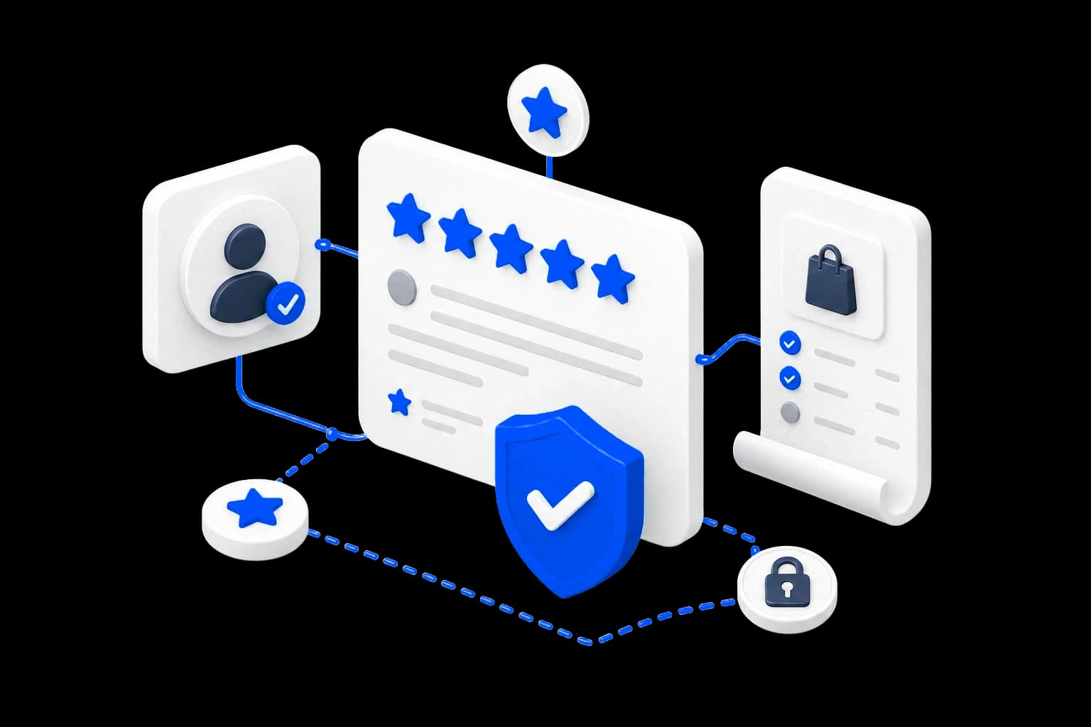 Isometric illustration of a verified Trustpilot review connected to a customer profile and purchase
